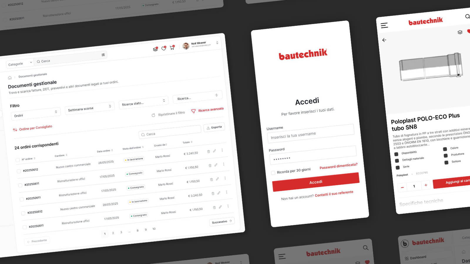 Bautechnik portal screens with document management, login and product interface
